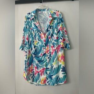SHEIN Blue Multi Tropical Button-Up Swim Coverup
